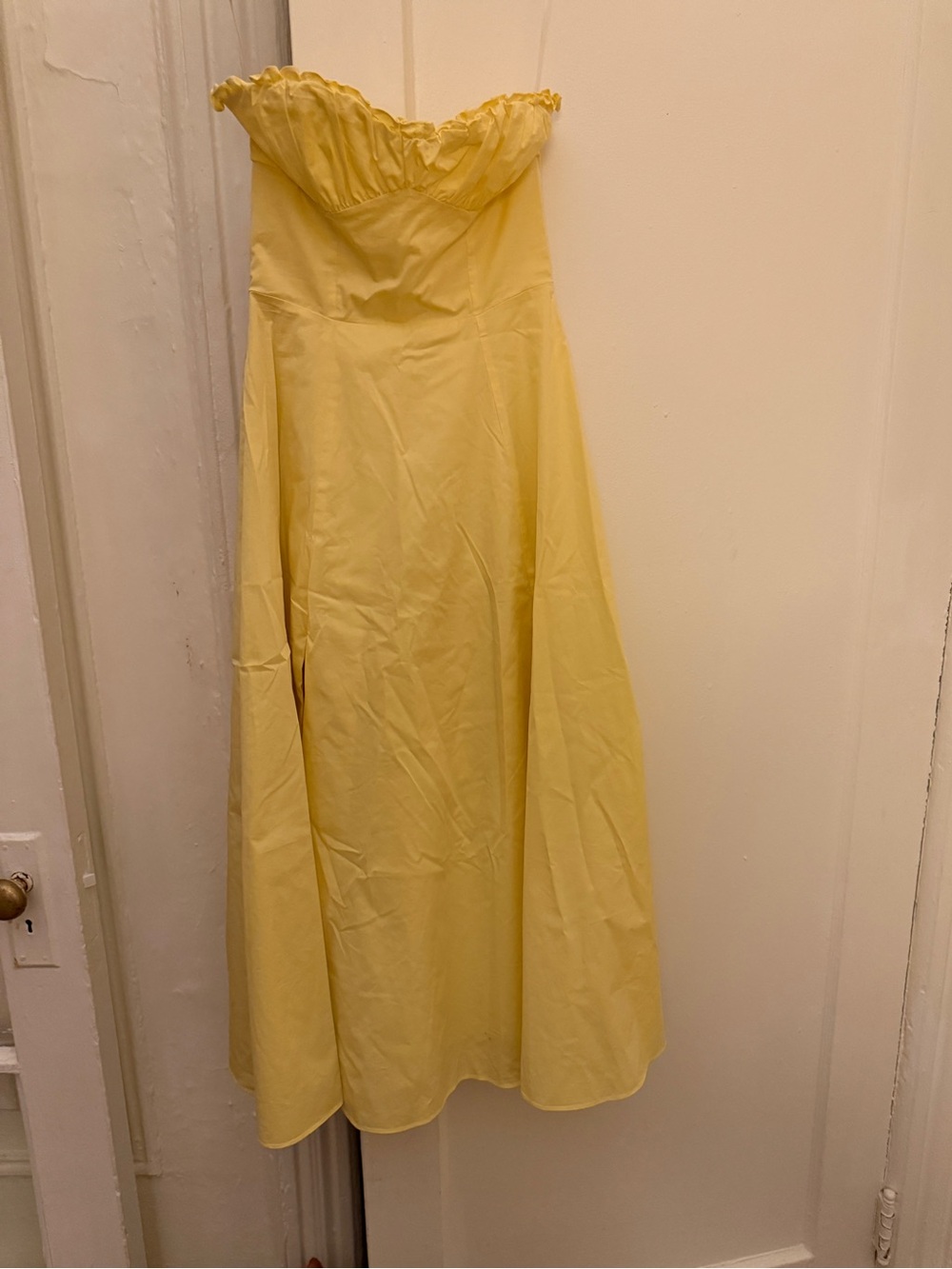 House of CB Midi Yellow Strapless Dress with Ruffle Top and Leg Slit Size Small